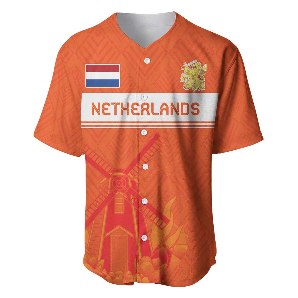 Orange rugby-style baseball jersey, V-neck with button placket; Netherlands crest and graphic