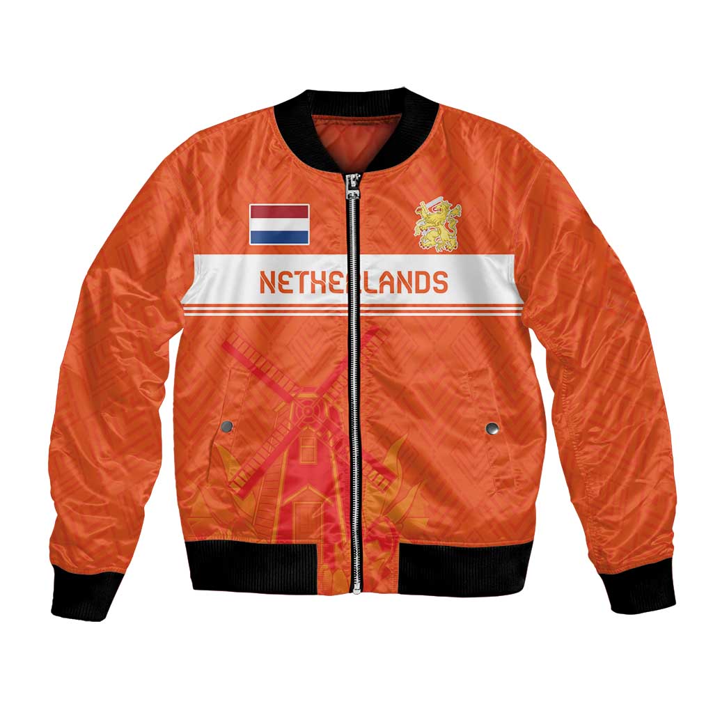 Orange bomber jacket with black ribbed collar, full zip front, and windmill graphic patch