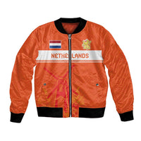 Orange bomber jacket with black ribbed collar, full zip front, and windmill graphic patch