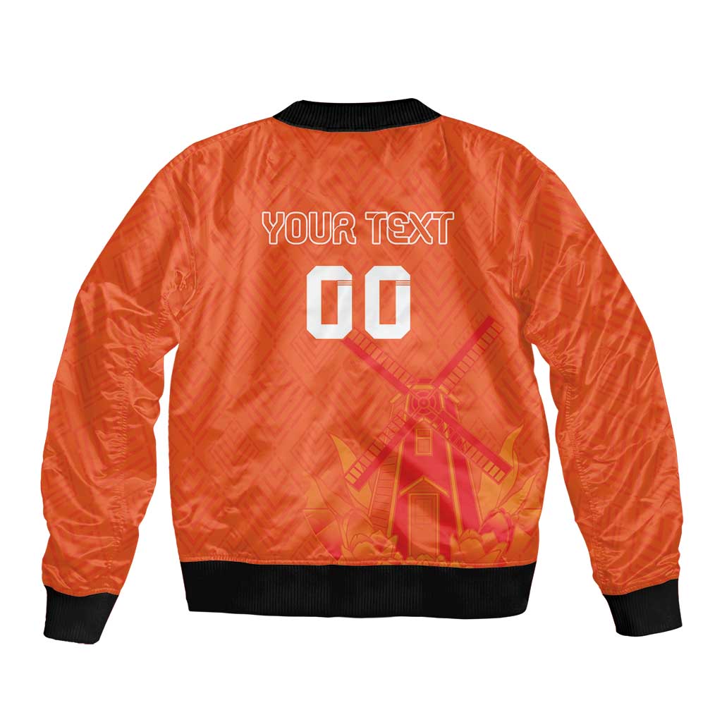 Orange bomber jacket back with black ribbed collar and large graphic print reading YOUR TEXT 00