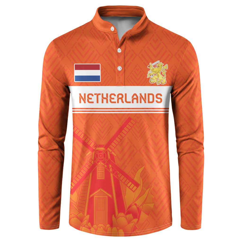 Orange rugby button sweatshirt with Netherlands flag, crest and jersey graphic print