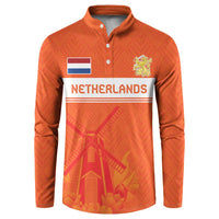Orange rugby button sweatshirt with Netherlands flag, crest and jersey graphic print