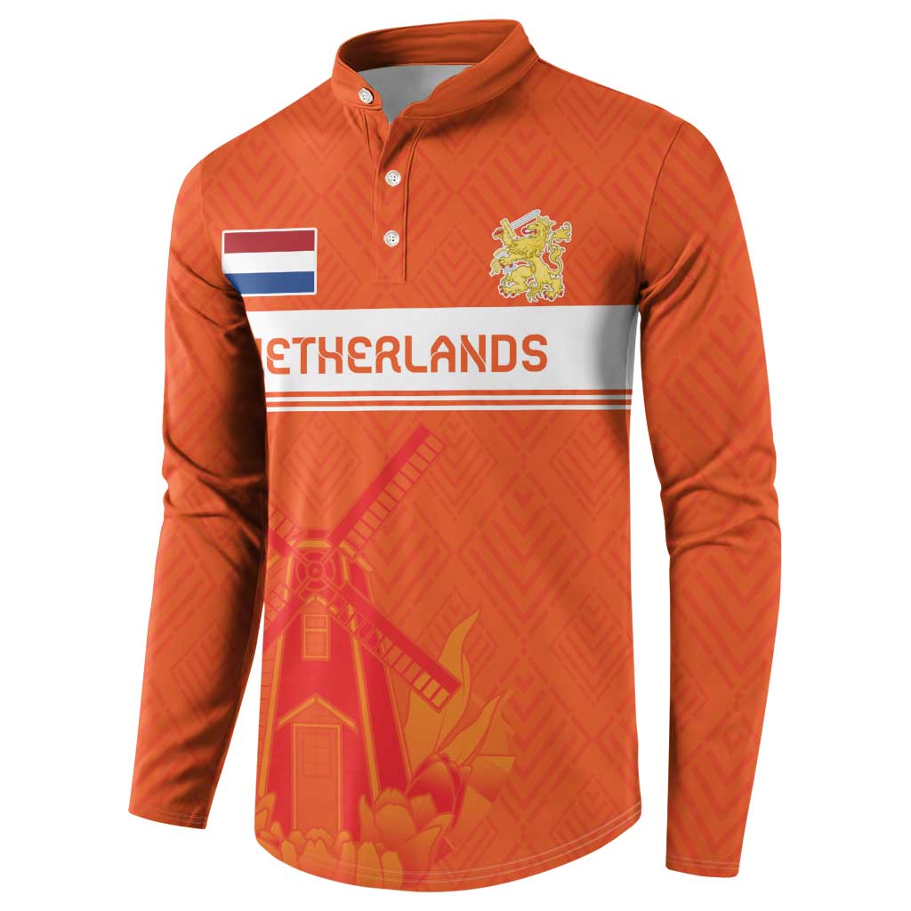 Orange rugby button sweatshirt front with Netherlands flag, crest and jersey graphic