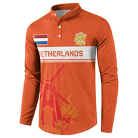 Orange rugby button sweatshirt front with Netherlands flag, crest and jersey graphic