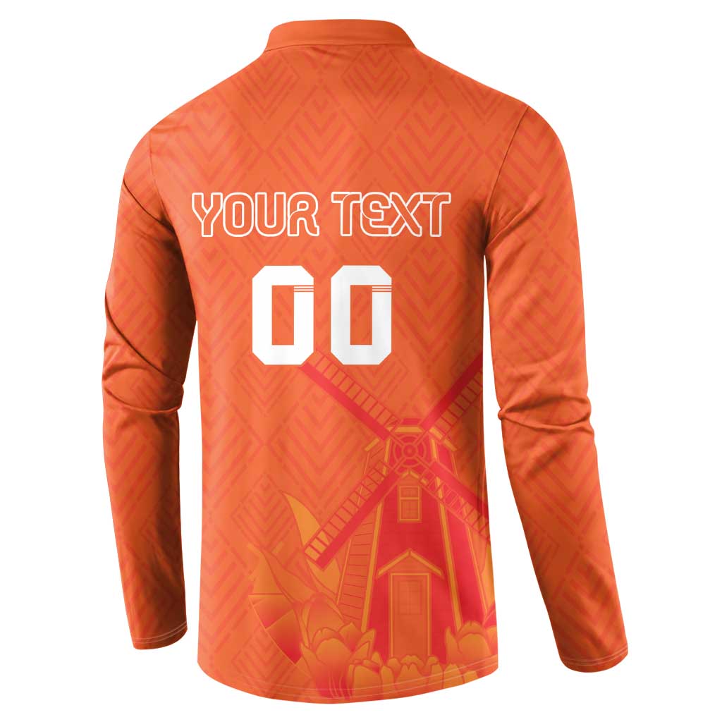 Orange rugby button sweatshirt back with customizable text and number print