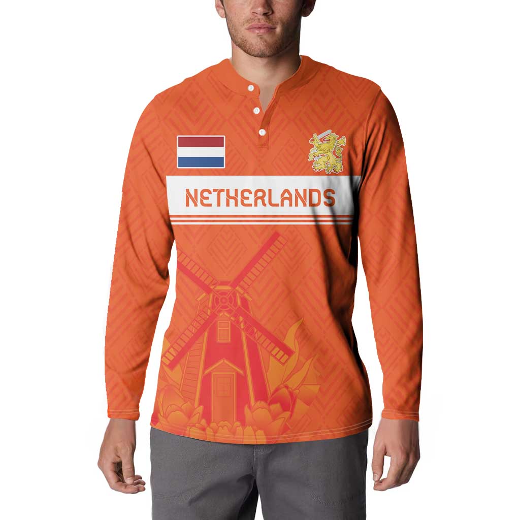 Orange rugby button sweatshirt on model, Netherlands flag and crest jersey graphic