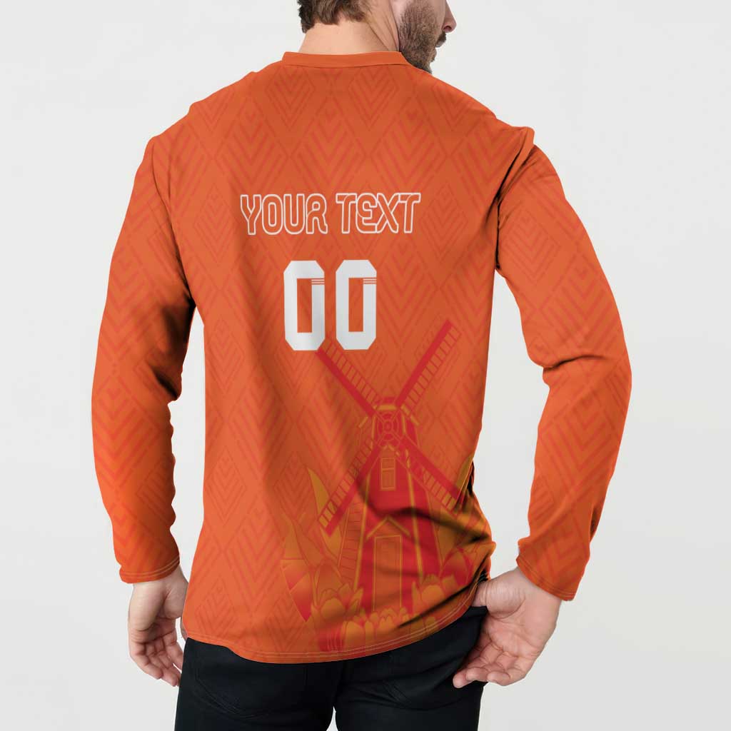 Orange rugby button sweatshirt back on model with your text and number print