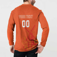 Orange rugby button sweatshirt back on model with your text and number print