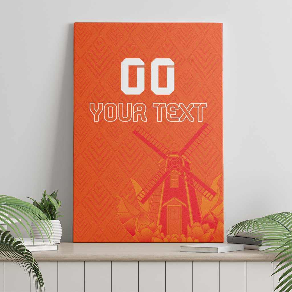 Orange canvas wall art with windmill and tulip graphic, custom text, on shelf