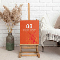 Orange framed canvas wall art on wooden easel, windmill and tulip design, custom text