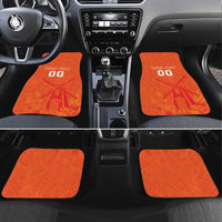 Orange car mat set with windmill and tulip design; YOUR TEXT 00 on two mats