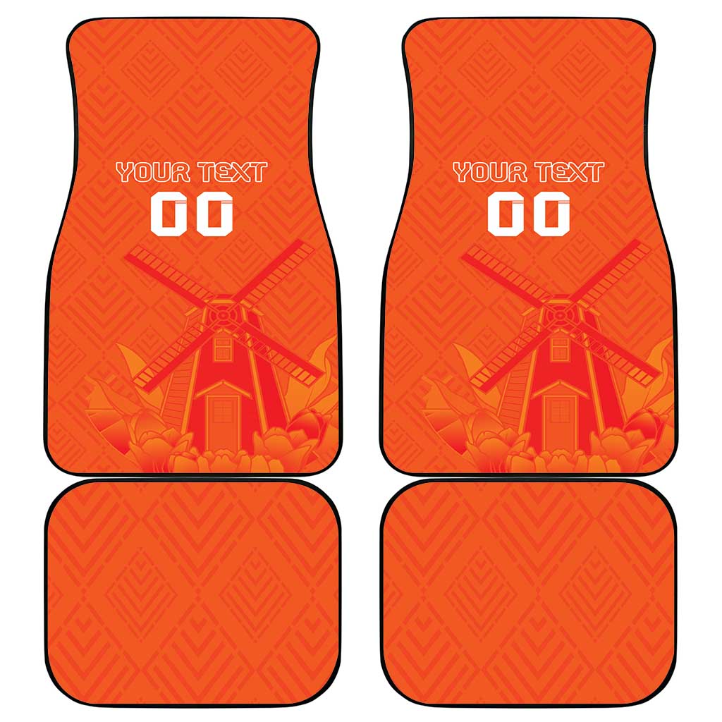 Orange car floor mat set with windmill and tulip graphic, black trim, 00