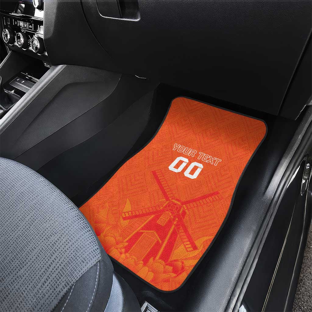 Orange front car floor mat with windmill and tulip jersey pattern, YOUR TEXT 00