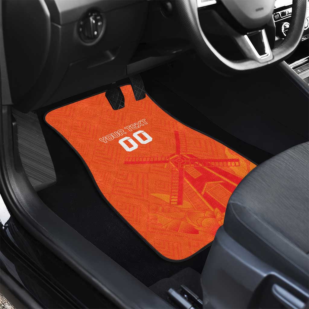 Orange car floor mat with windmill and tulip graphic, YOUR TEXT 00, black edge