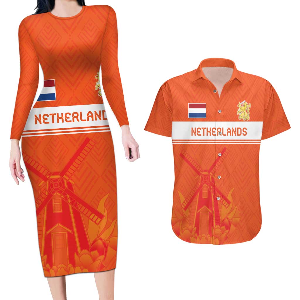 Custom Netherlands Rugby Couples Matching Long Sleeve Bodycon Dress and Hawaiian Shirt Windmill and Tulips With Jersey Pattern