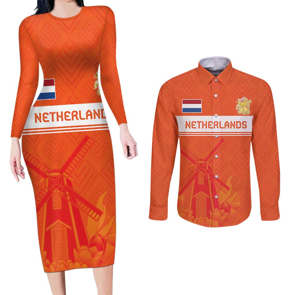 Custom Netherlands Rugby Couples Matching Long Sleeve Bodycon Dress and Long Sleeve Button Shirt Windmill and Tulips With Jersey Pattern