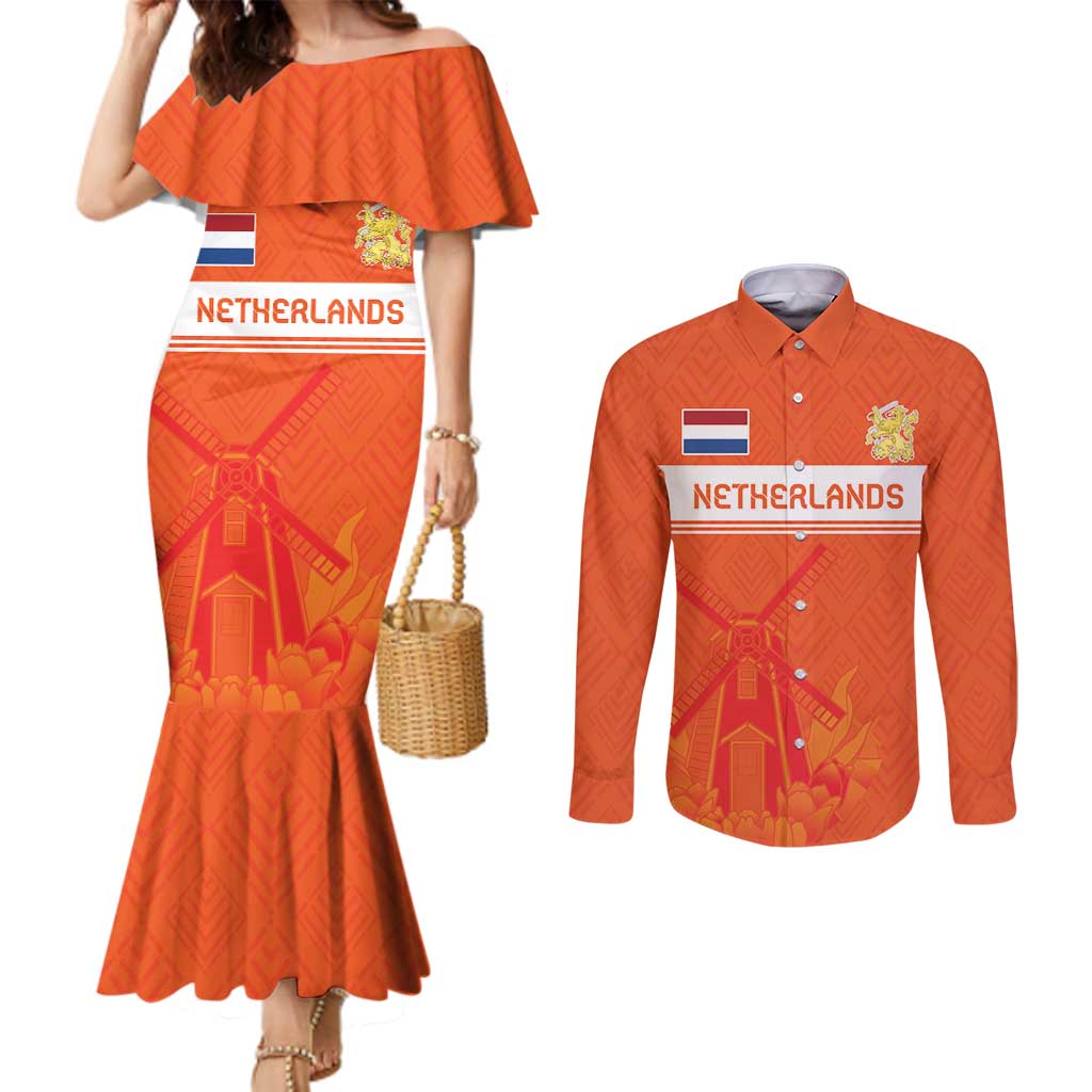 Custom Netherlands Rugby Couples Matching Mermaid Dress and Long Sleeve Button Shirt Windmill and Tulips With Jersey Pattern