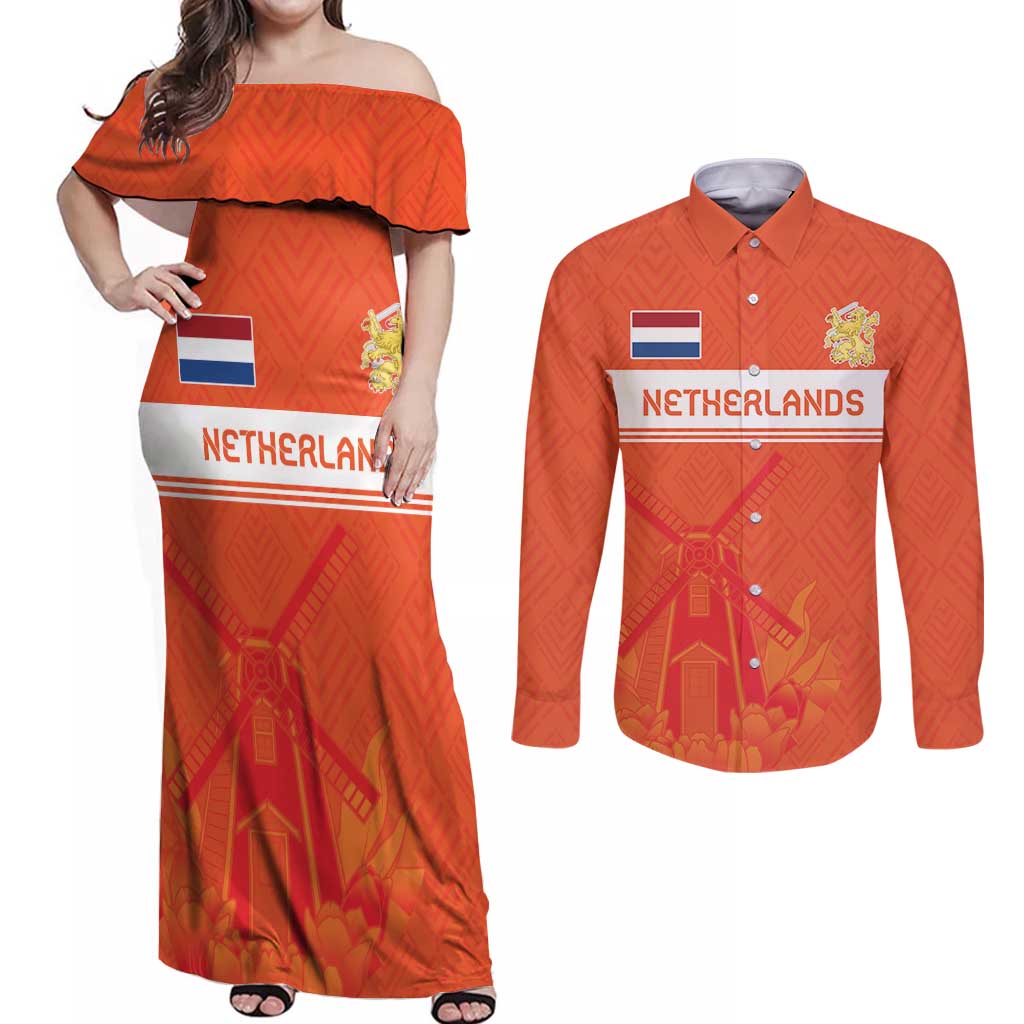 Custom Netherlands Rugby Couples Matching Off Shoulder Maxi Dress and Long Sleeve Button Shirt Windmill and Tulips With Jersey Pattern