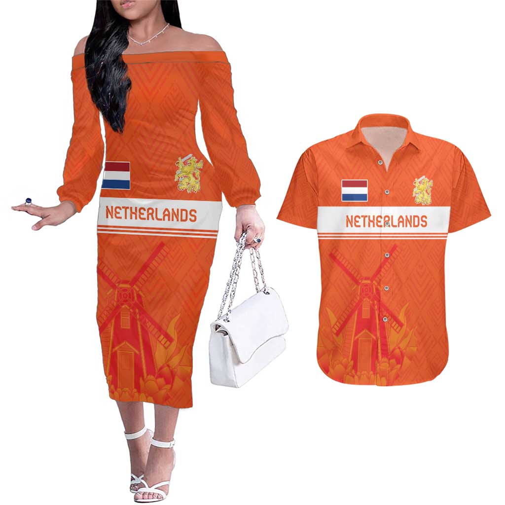 Custom Netherlands Rugby Couples Matching Off The Shoulder Long Sleeve Dress and Hawaiian Shirt Windmill and Tulips With Jersey Pattern