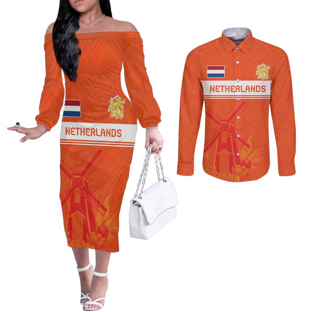 Custom Netherlands Rugby Couples Matching Off The Shoulder Long Sleeve Dress and Long Sleeve Button Shirt Windmill and Tulips With Jersey Pattern