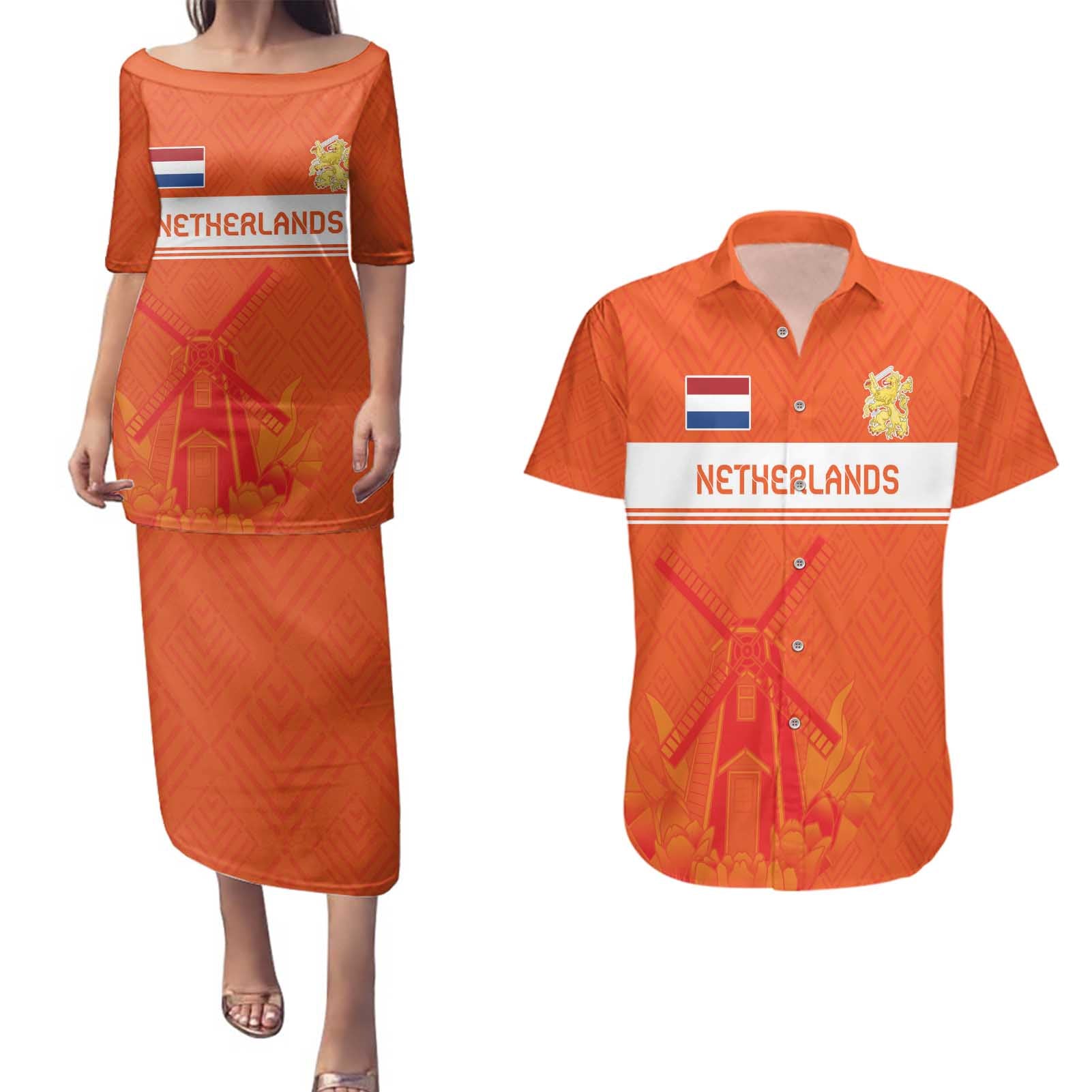 Custom Netherlands Rugby Couples Matching Puletasi and Hawaiian Shirt Windmill and Tulips With Jersey Pattern