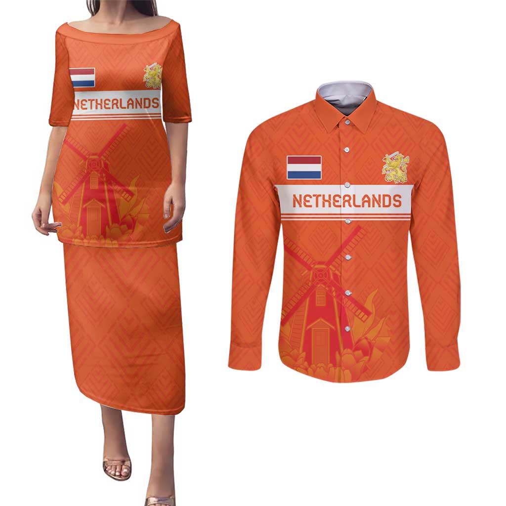 Custom Netherlands Rugby Couples Matching Puletasi and Long Sleeve Button Shirt Windmill and Tulips With Jersey Pattern