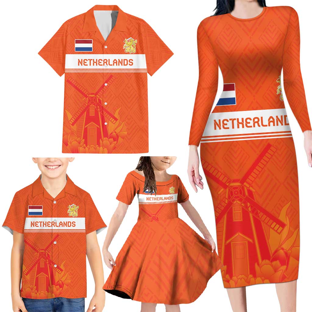 Custom Netherlands Rugby Family Matching Long Sleeve Bodycon Dress and Hawaiian Shirt Windmill and Tulips With Jersey Pattern