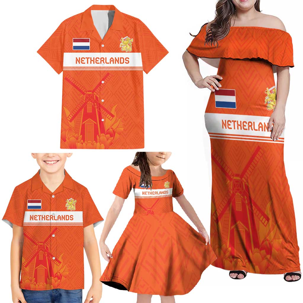 Custom Netherlands Rugby Family Matching Off Shoulder Maxi Dress and Hawaiian Shirt Windmill and Tulips With Jersey Pattern