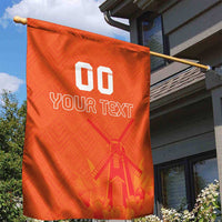 Orange garden flag on pole with windmill and tulip design and 'YOUR TEXT'