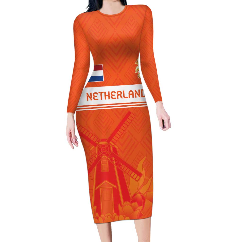 Custom Netherlands Rugby Long Sleeve Bodycon Dress Windmill and Tulips With Jersey Pattern - Wonder Print Shop