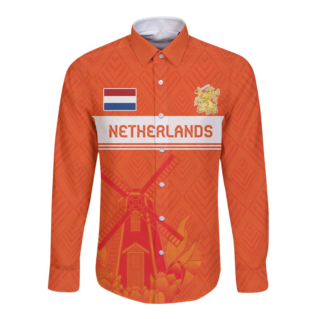 Orange long-sleeve button shirt with Netherlands graphic, windmill and tulip design