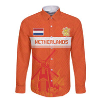 Orange long-sleeve button shirt with Netherlands graphic, windmill and tulip design