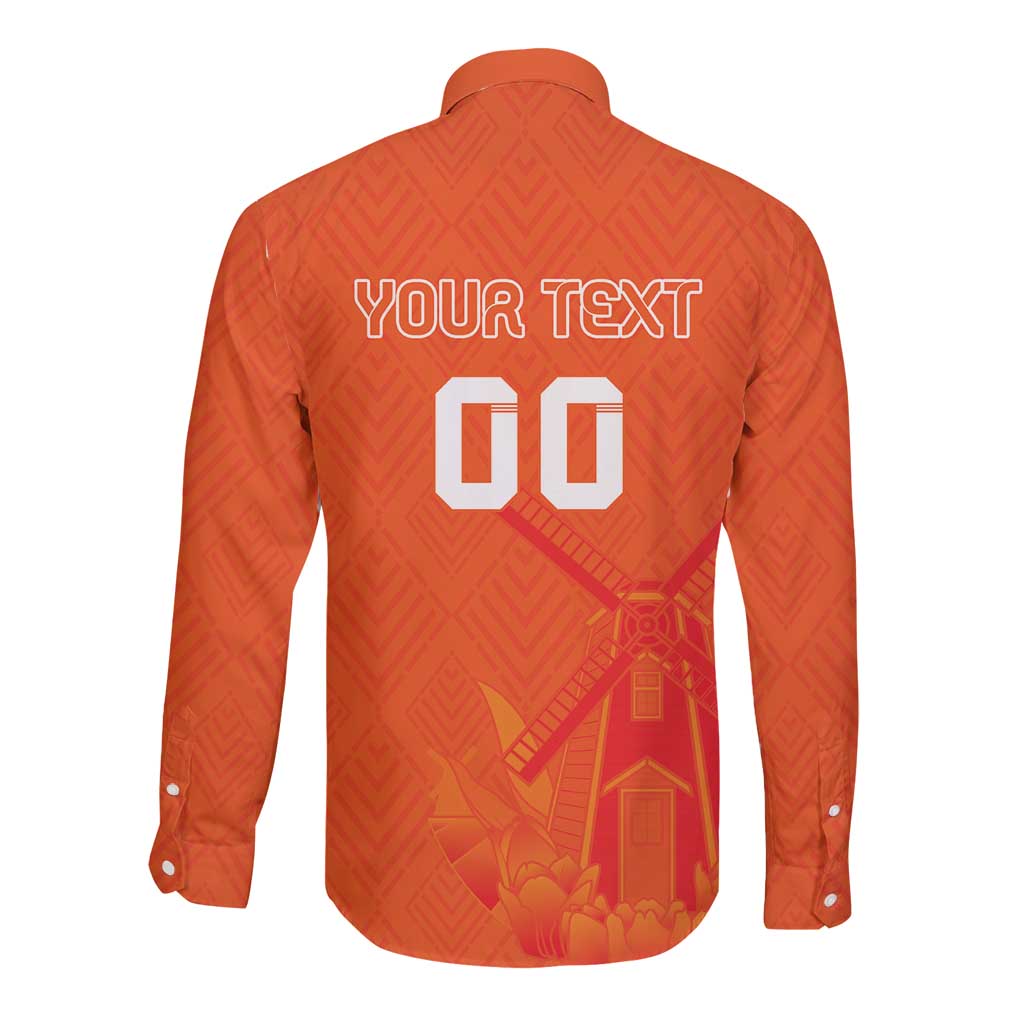 Orange long-sleeve button shirt back with YOUR TEXT and 00 game-style number graphic