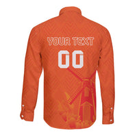 Orange long-sleeve button shirt back with YOUR TEXT and 00 game-style number graphic