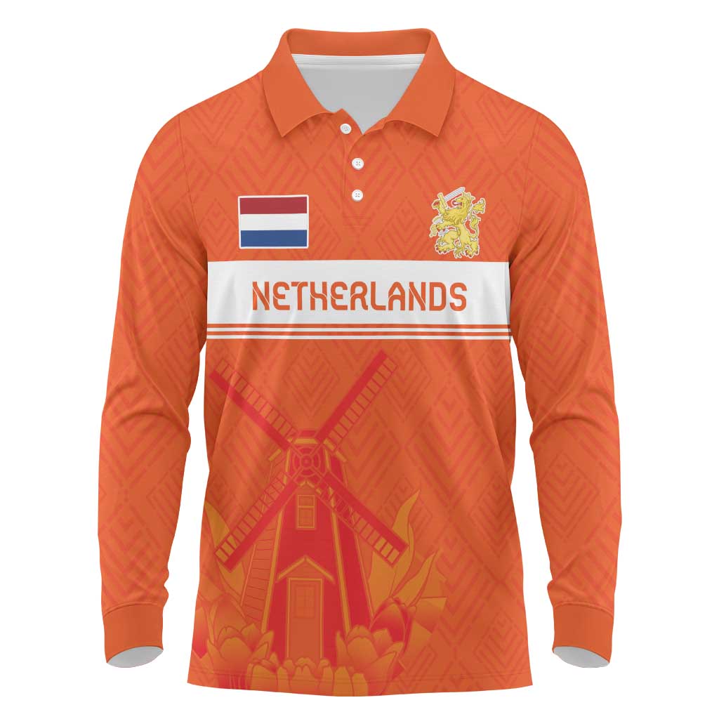 Custom Netherlands Rugby Long Sleeve Polo Shirt Windmill and Tulips With Jersey Pattern - Wonder Print Shop