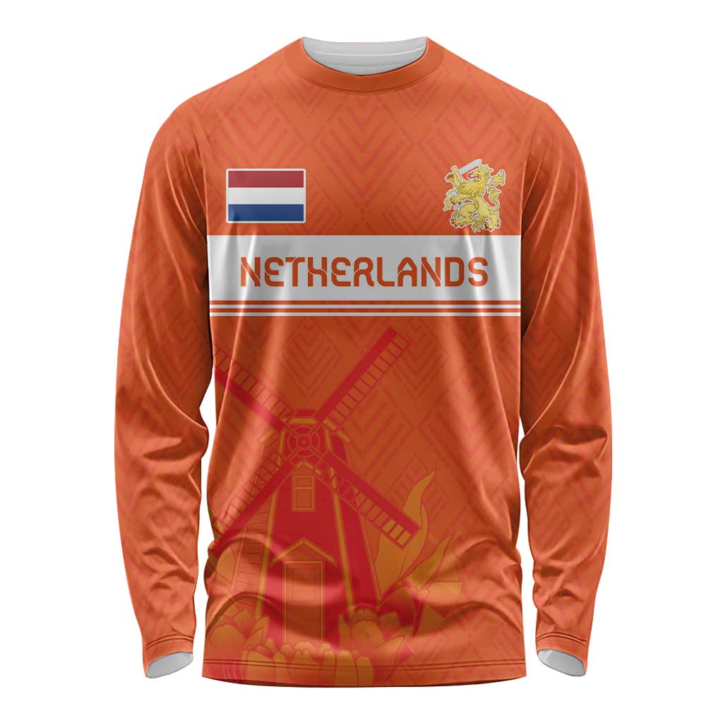 Orange long-sleeve rugby shirt with Netherlands flag and crest, jersey-style pattern