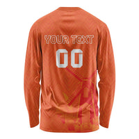 Orange long-sleeve rugby shirt back with 'YOUR TEXT' and 'GO', windmill pattern