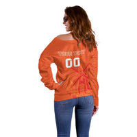 Orange off-shoulder sweater back view with YOUR TEXT 00 and jersey print