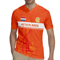 Orange Netherlands rugby jersey with V-neck, short sleeves, 'NETHERLANDS' and crest, tulip design