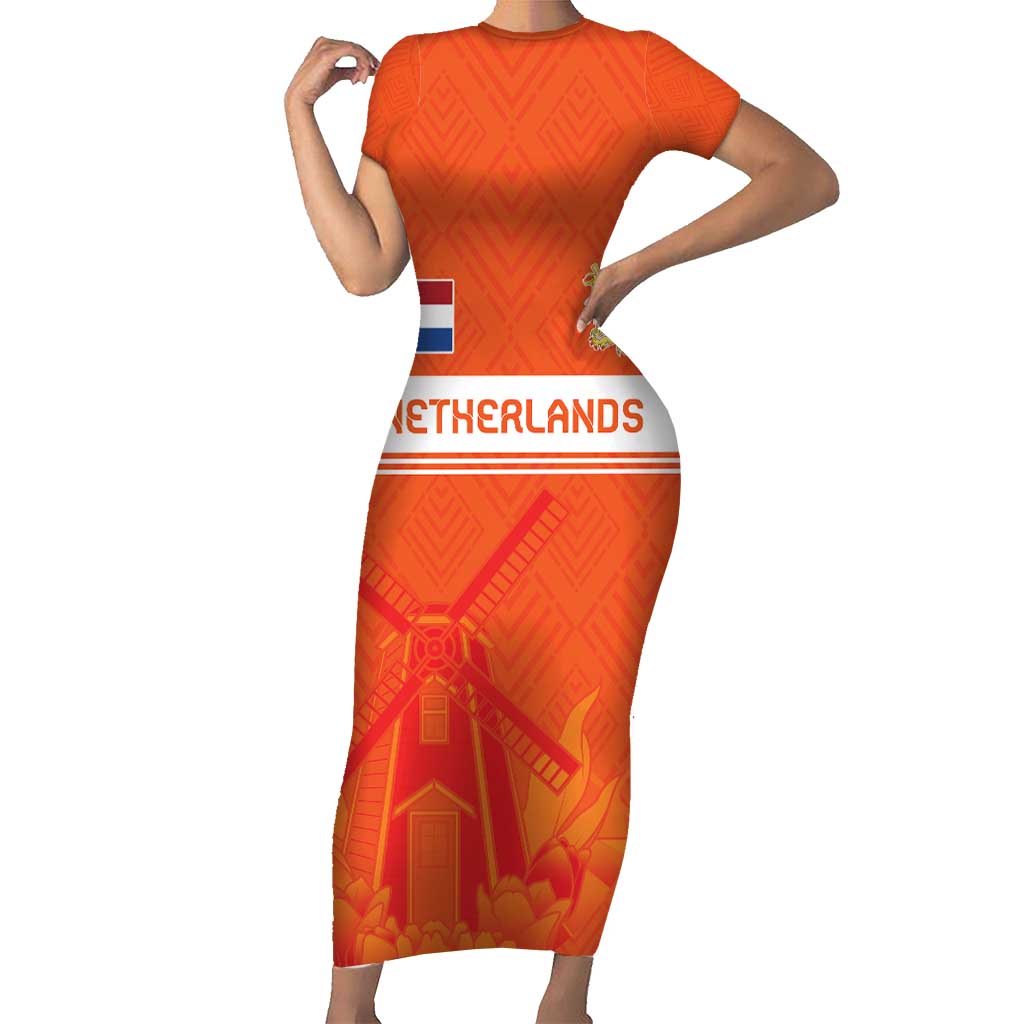 Custom Netherlands Rugby Short Sleeve Bodycon Dress Windmill and Tulips With Jersey Pattern