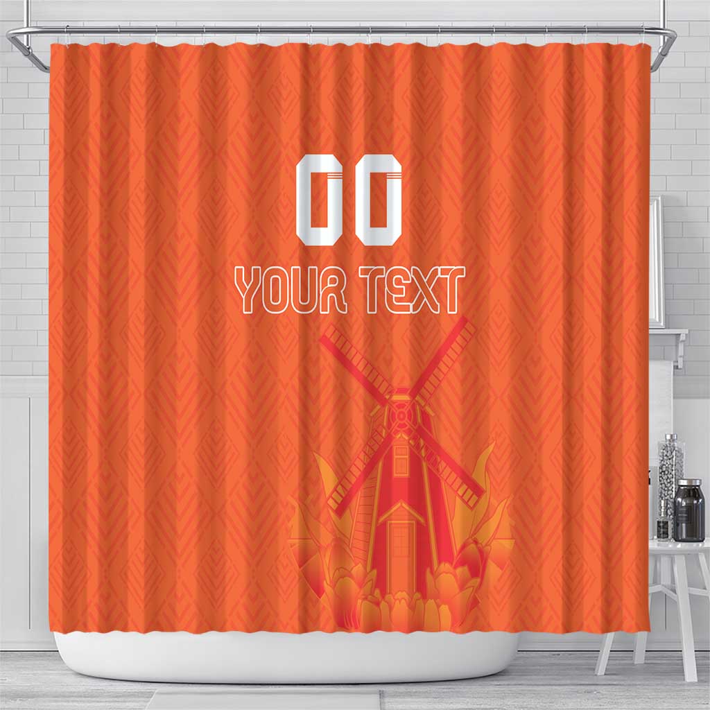 Orange shower curtain with windmill and tulip jersey pattern and “GO YOUR TEXT” print