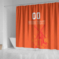 Orange shower curtain featuring windmill and tulip jersey pattern with “GO YOUR TEXT”