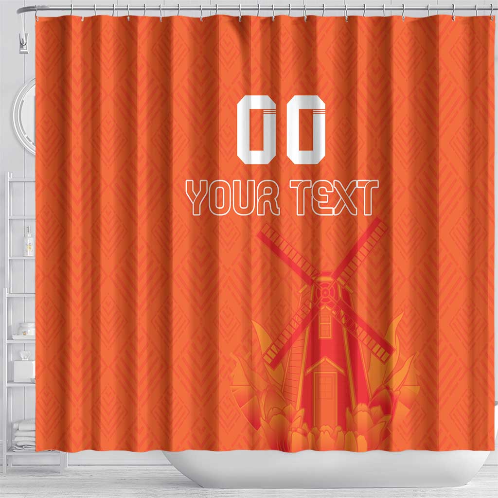 Orange shower curtain with windmill and tulip jersey pattern, “GO” and “YOUR TEXT” design