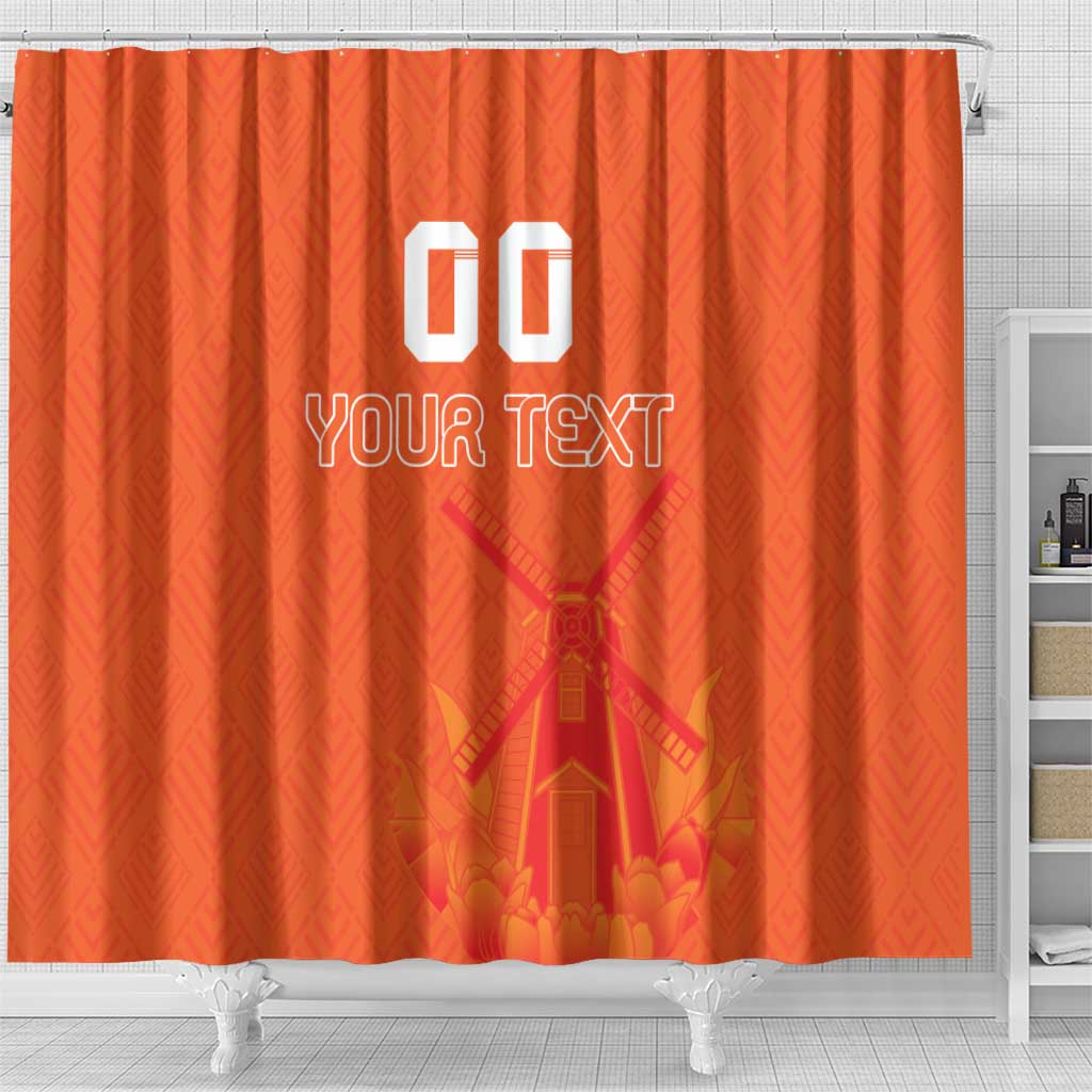 Orange shower curtain close view with windmill and tulip jersey pattern, “GO YOUR TEXT”