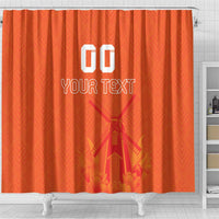 Orange shower curtain close view with windmill and tulip jersey pattern, “GO YOUR TEXT”