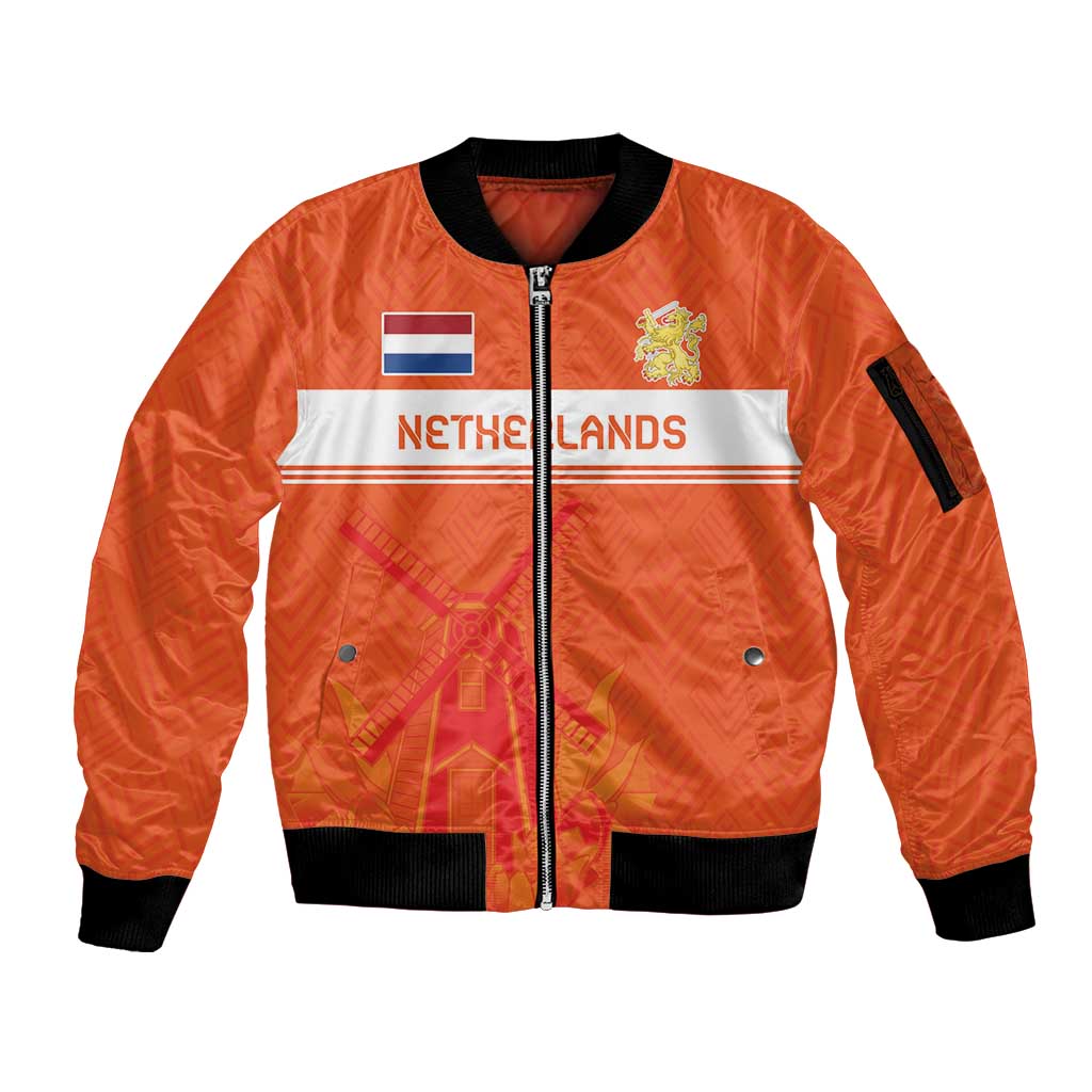 Orange unisex zip bomber jacket with black rib trim, Netherlands flag graphic on front