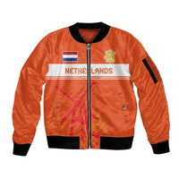 Orange unisex zip bomber jacket with black rib trim, Netherlands flag graphic on front