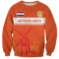 Orange sweatshirt with Netherlands flag crest and windmill graphic, crewneck long sleeves