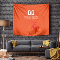 Orange wall tapestry with "00 YOUR TEXT" and windmill/tulip graphic in center.