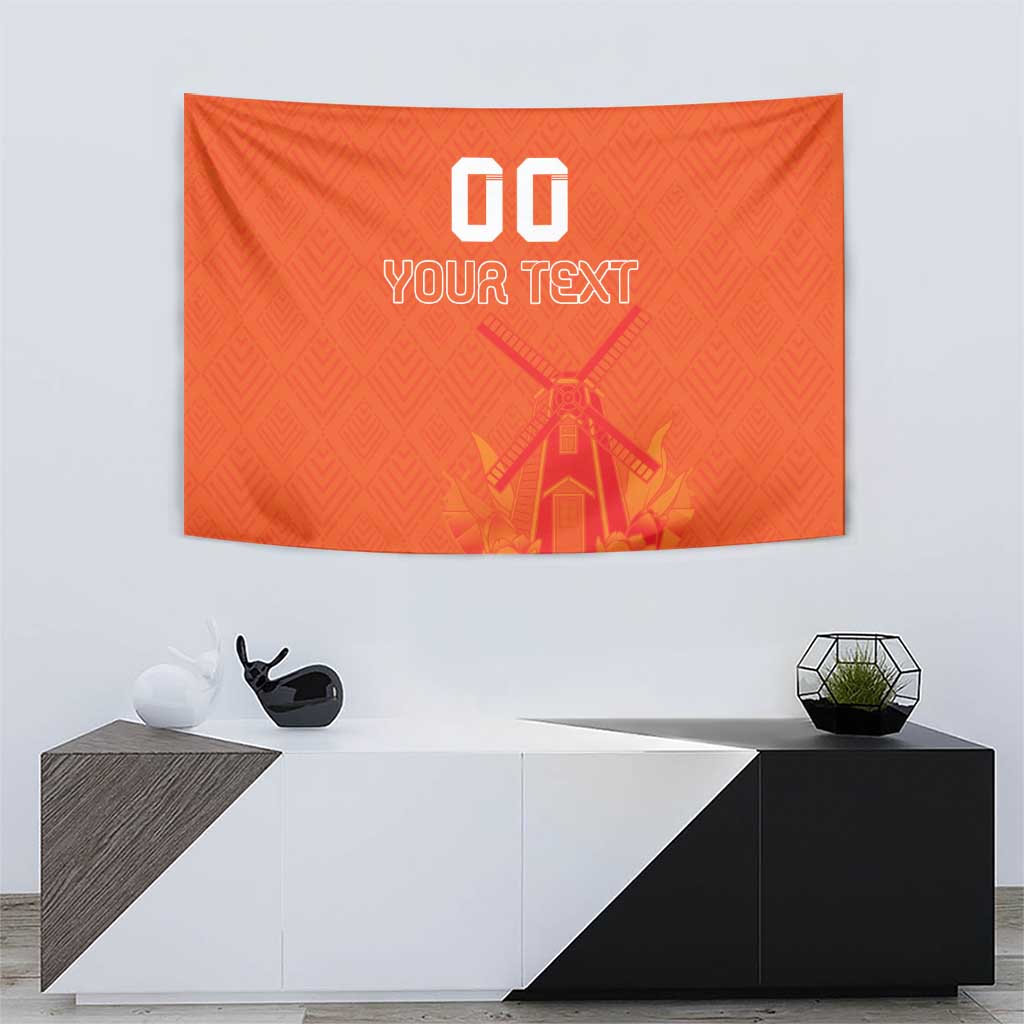 Orange tapestry featuring "00 YOUR TEXT" with a windmill and tulip motif.